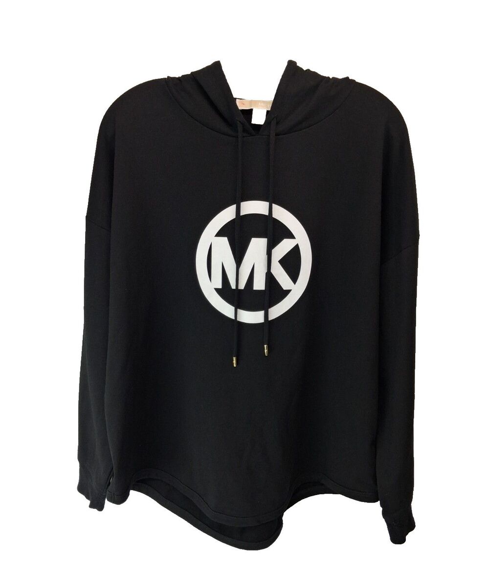 Michael Kors Women's White Logo Light Weight Long Sleeve Black Hoodie Large